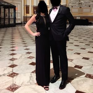 Black tie / formal dress with side slit and mesh cutout detailing on front